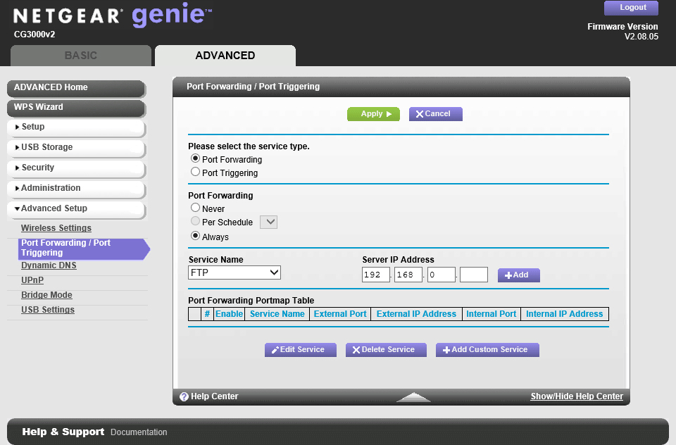 Set up port forwarding NETGEAR CG3000 V2 Optus