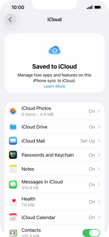 Press the indicators next to the required data types to turn synchronisation of each data type on or off.