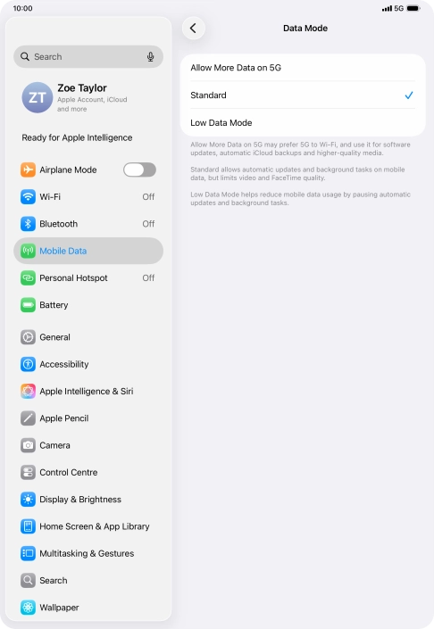 Press the required setting to turn the function on or off.
