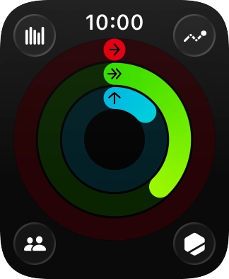 The screen will tell you how far you are from completing your daily activity goals. When the coloured rings are closed, you've reached the goals of your daily activity.