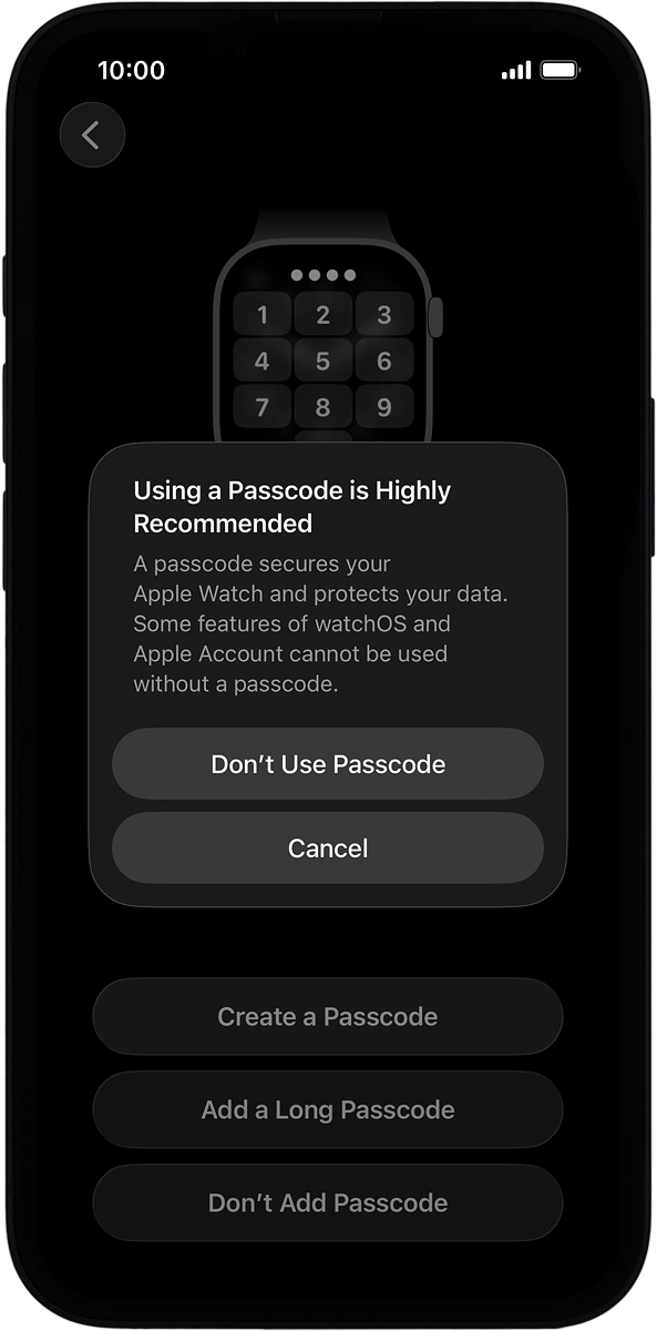 On your phone: Press Don't Use Passcode.