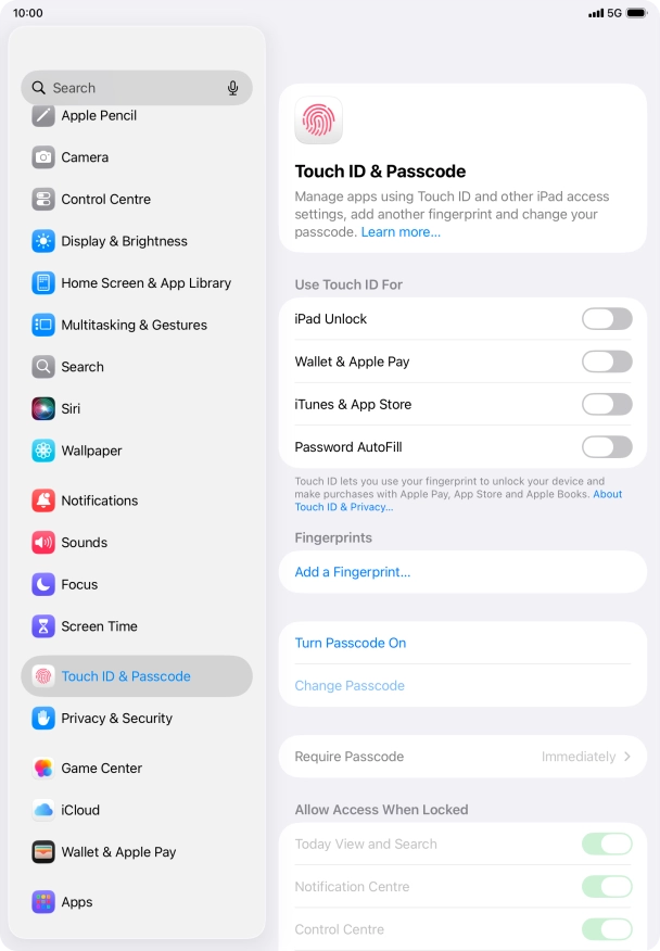 Press Turn Passcode On and key in a lock code of your own choice twice.