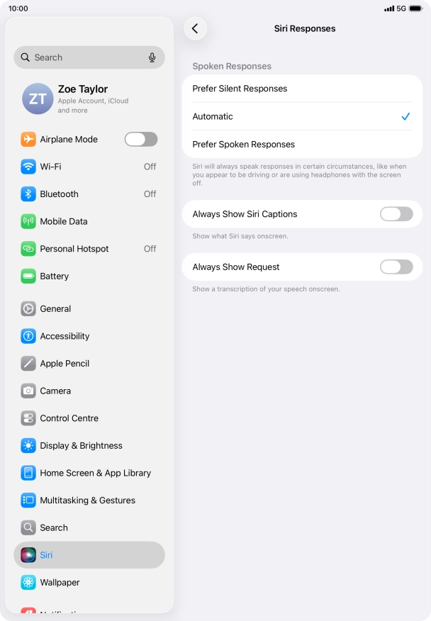 Press the required setting.