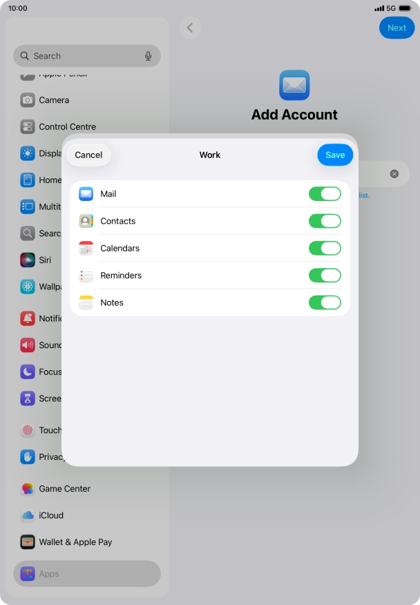 Press the indicators next to the required data types to turn synchronisation of each data type on or off.