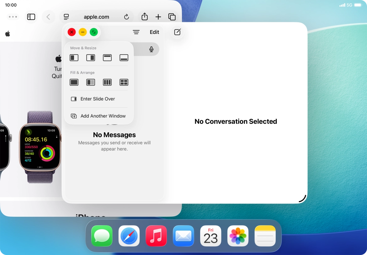 Press the required setting to place the application window on the opposite side of the screen from the first application window.