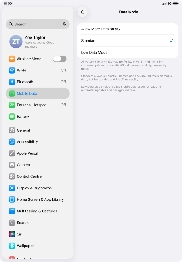 Press the required setting to turn the function on or off.