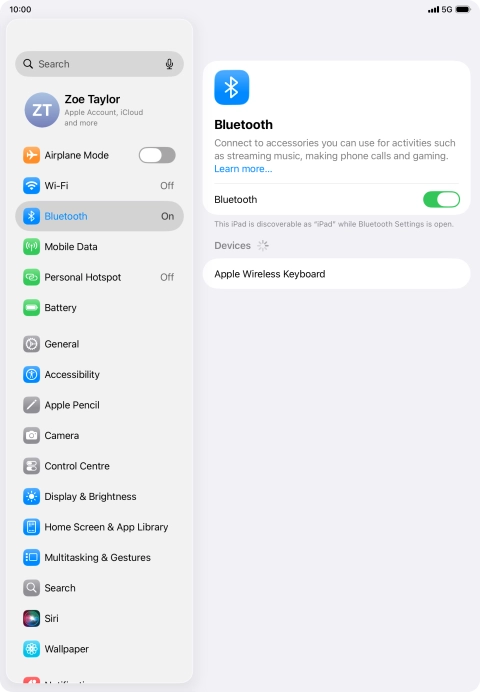 Press the required Bluetooth device and follow the instructions on the screen to pair the device with your tablet.