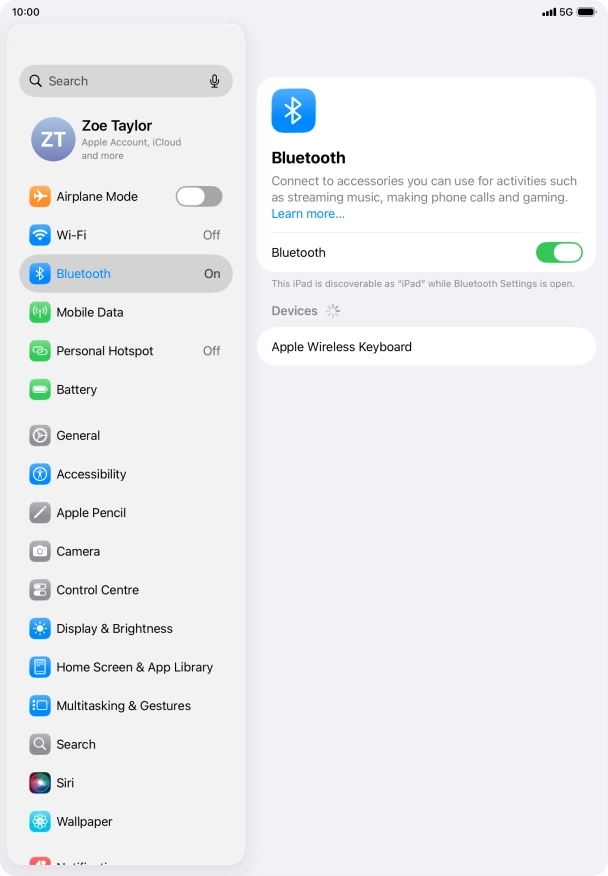 Press the required Bluetooth device and follow the instructions on the screen to pair the device with your tablet.