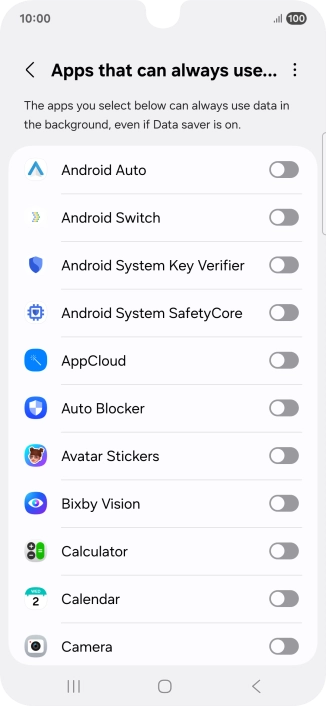 Press the indicators next to the required apps to turn the function on or off.
