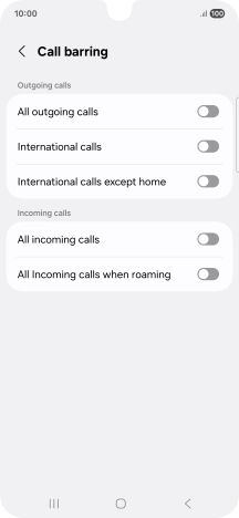 Press the indicator next to the required barring type to turn the function on or off.