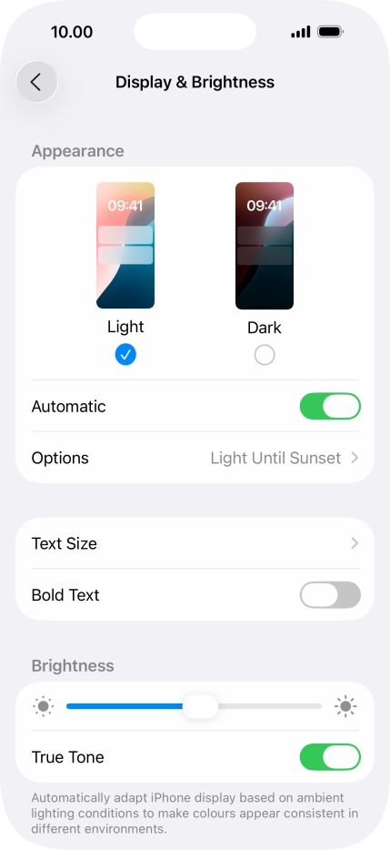 If you turn on the function, press Options and follow the instructions on the screen to select the required period of time for Dark Mode.