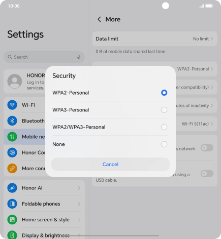 Press WPA3-Personal to password protect your Wi-Fi hotspot.