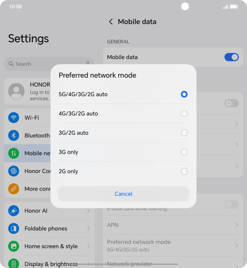 Press the required network mode.