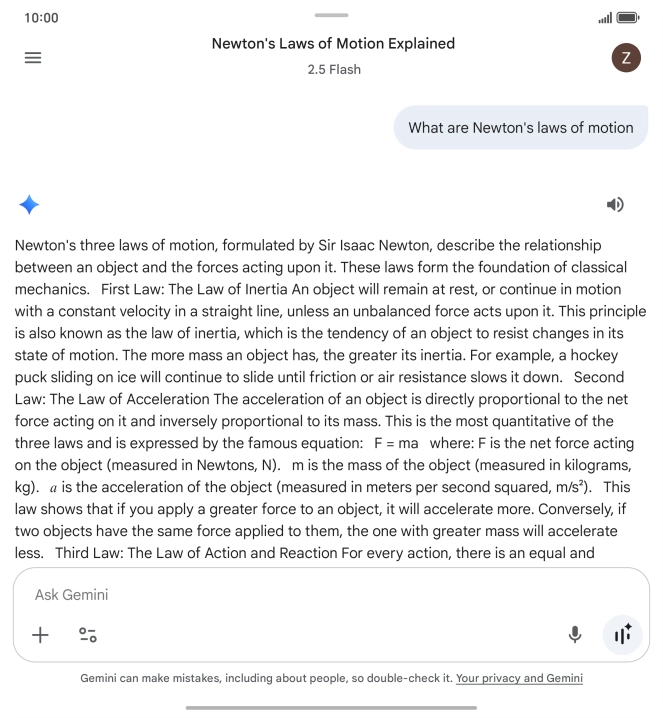 Transcription of the conversation with Gemini Live is now displayed.