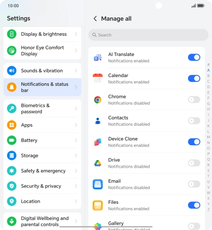 Press the indicators next to the required apps to turn the function on or off.