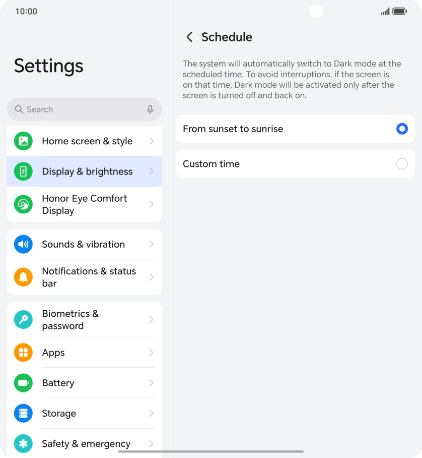 Press the required setting.