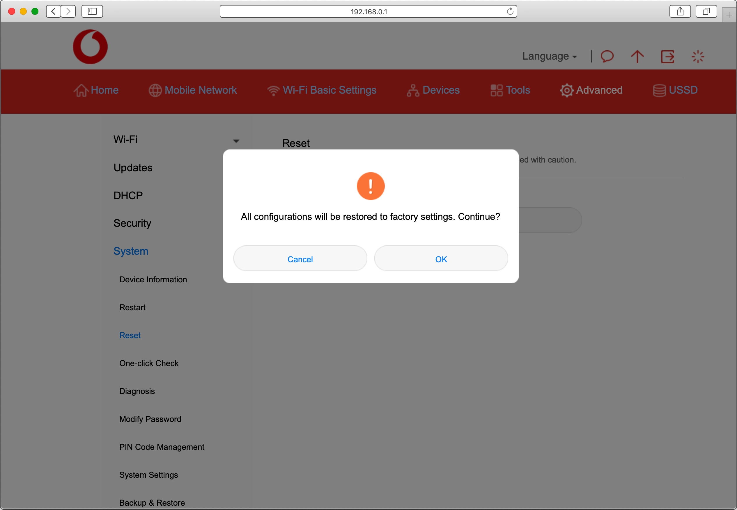 Click OK and wait while your router restores the factory default settings.
