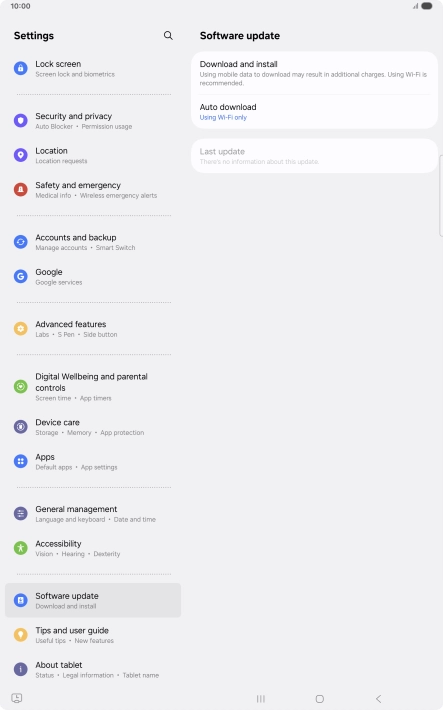 Press Download and install. If a new software version is available, it's displayed. Follow the instructions on the screen to update the tablet software.