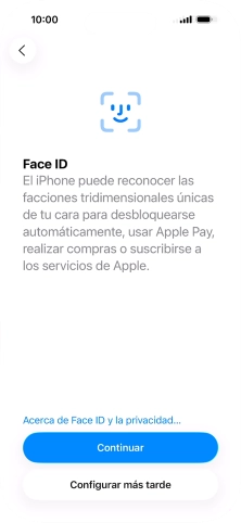 Sigue las indicaciones de la pantalla para activar el uso del reconocimiento facial (Face ID) o pulsa Configurar más tarde.