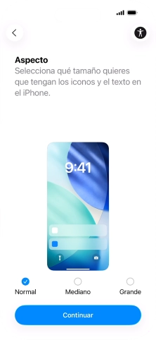 Selecciona el tamaño de letra y de los iconos que debe tener el teléfono y pulsa Continuar.