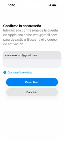 Introduce la contraseña de tu Cuenta de Apple y pulsa Desactivar. Espera unos instantes mientras el teléfono restablece la configuración predeterminada. Sigue las indicaciones de la pantalla para configurar el teléfono y dejarlo listo para su uso.