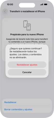 Pulsa Restablecer ajustes. Espera unos instantes mientras el teléfono restablece la configuración predeterminada. Sigue las indicaciones de la pantalla para configurar el teléfono y dejarlo listo para su uso.