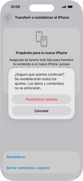 Pulsa Restablecer ajustes. Espera unos instantes mientras el teléfono restablece la configuración predeterminada. Sigue las indicaciones de la pantalla para configurar el teléfono y dejarlo listo para su uso.
