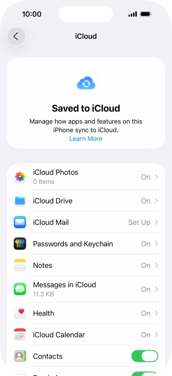 Press the indicators next to the required data types to turn synchronisation of each data type on or off.