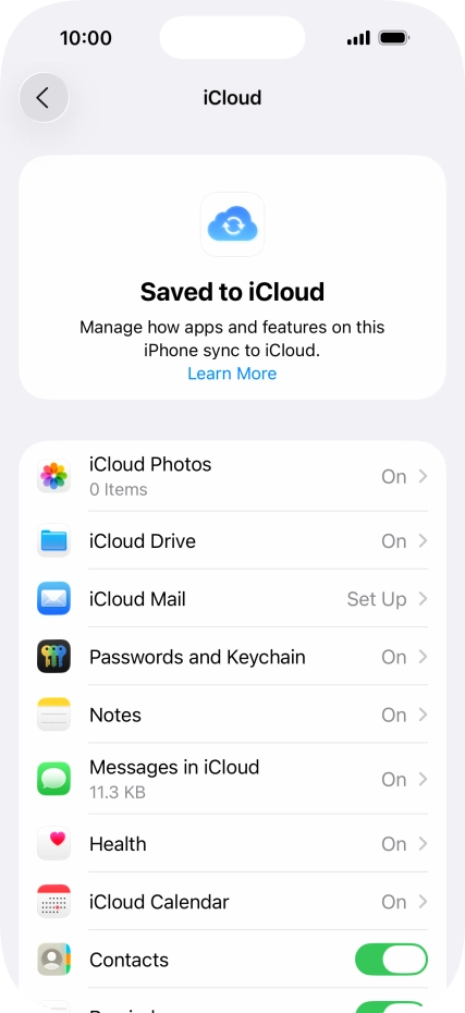 Press the indicators next to the required data types to turn synchronisation of each data type on or off.