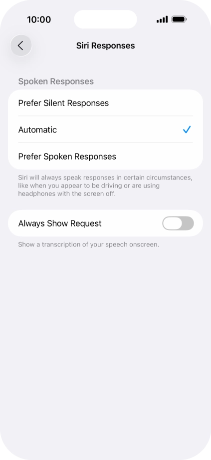 Press the required setting.