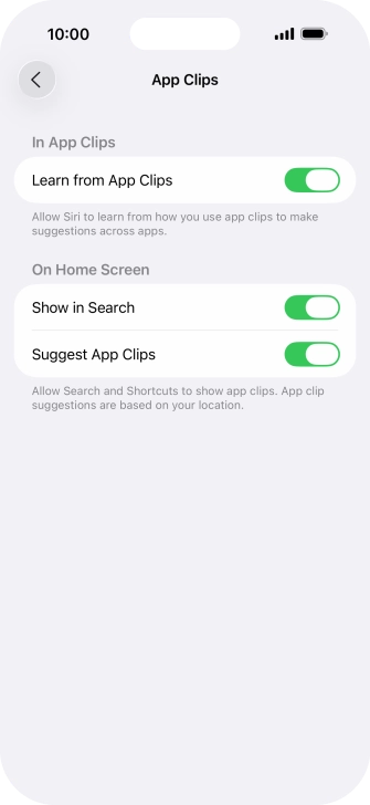 Press the indicators next to the required settings to turn them on or off.