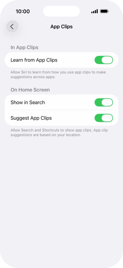Press the indicators next to the required settings to turn them on or off.