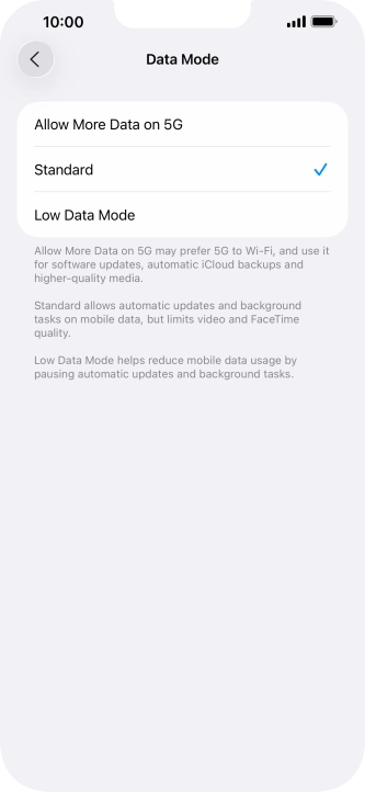 Press the required setting.