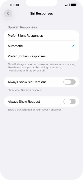 Press the required setting.