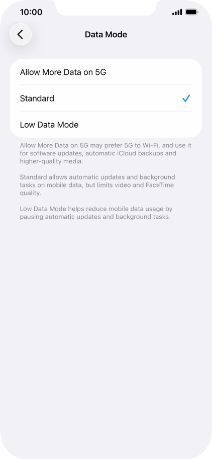 Press the required setting.