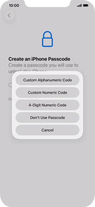 Follow the instructions on the screen to turn on use of phone lock code or press Don't Use Passcode.