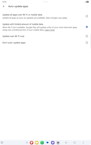 To turn on automatic update of apps using mobile network, press Update all apps over Wi-Fi or mobile data.