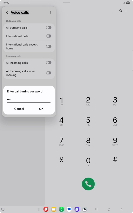 Key in your barring password and press OK. The default barring password is 1919.