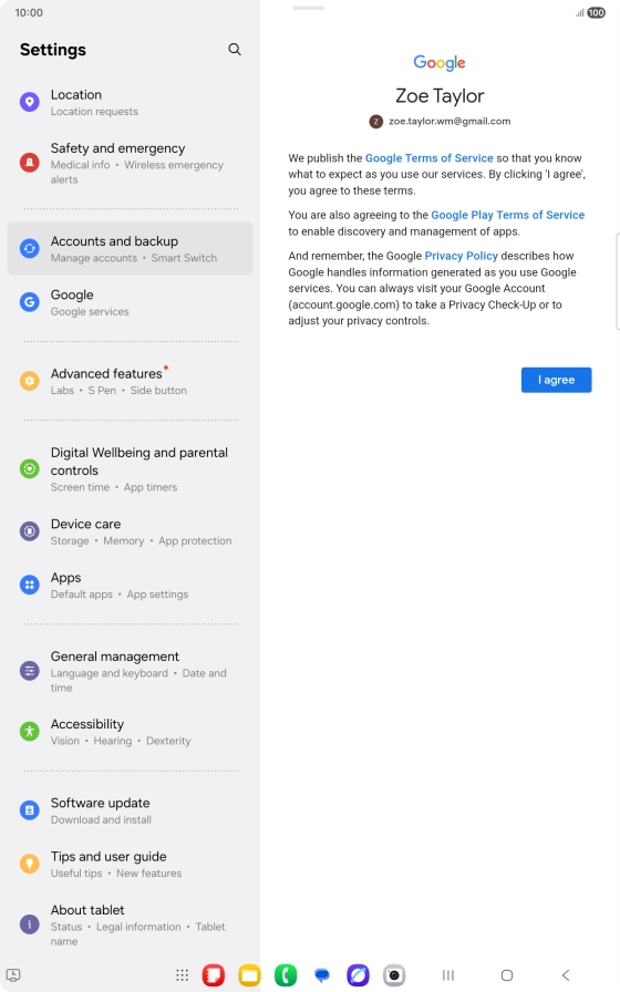 Press I agree and follow the instructions on the screen to select settings for your Google account.