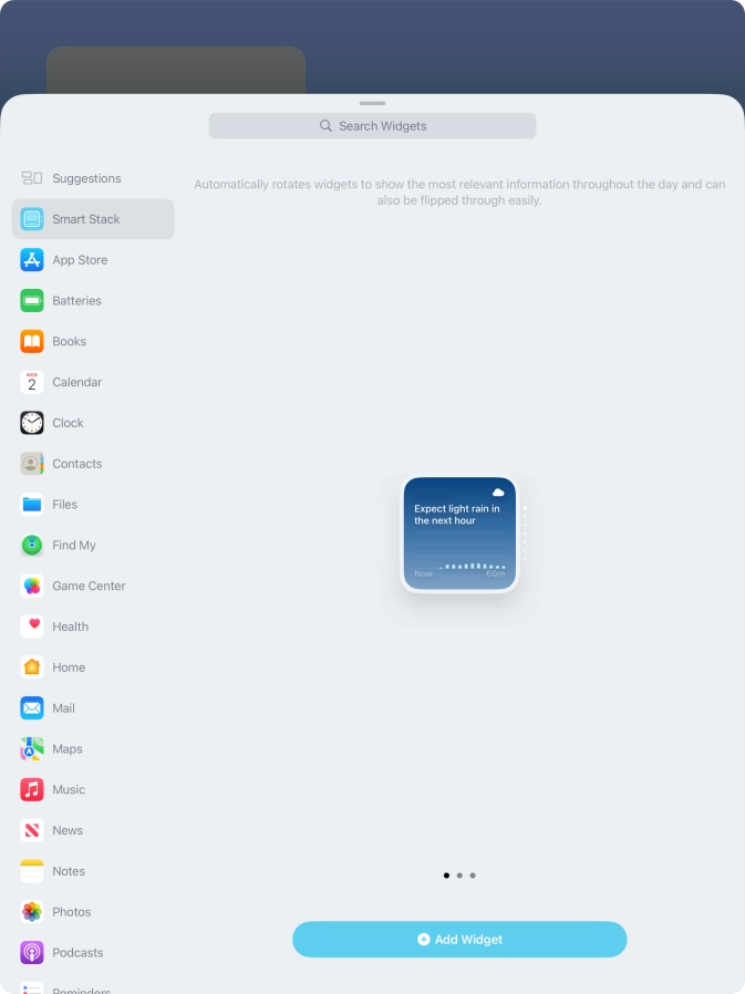 Slide your finger right or left on the screen to select the required widget size.