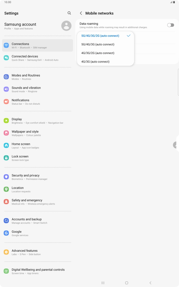 Press the required network mode.