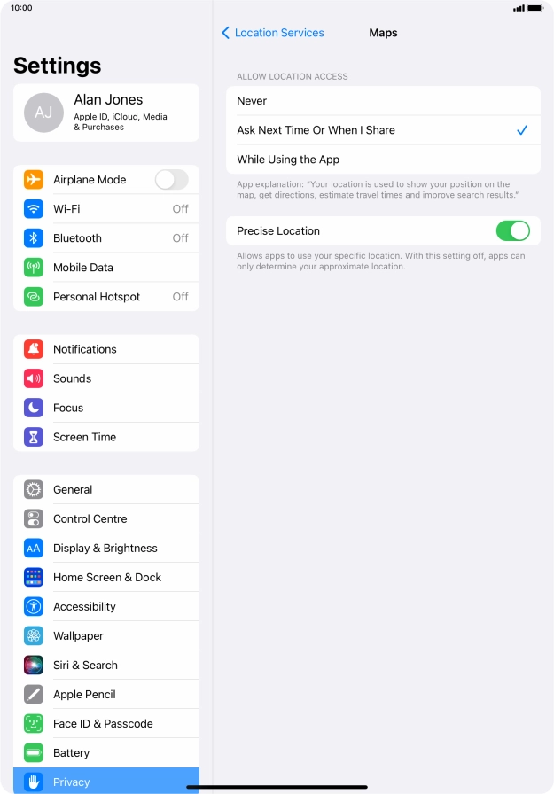 Press the required setting to turn the function on or off.