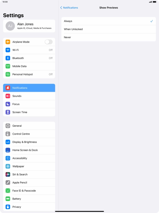To select notification preview on the lock screen, press Always.