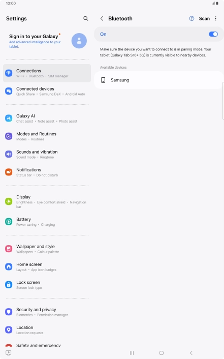 Press the required Bluetooth device and follow the instructions on the screen to pair the device with your tablet.