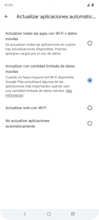 Para activar la actualización automática de apps utilizando la red móvil, pulsa Actualizar todas las apps con Wi-Fi o datos móviles.