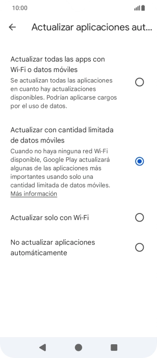 Para activar la actualización automática de apps utilizando la red móvil, pulsa Actualizar todas las apps con Wi-Fi o datos móviles.