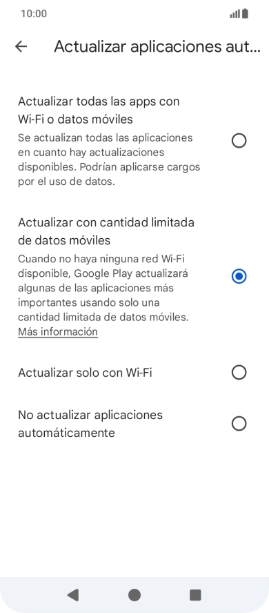 Para activar la actualización automática de apps utilizando la red móvil, pulsa Actualizar todas las apps con Wi-Fi o datos móviles.