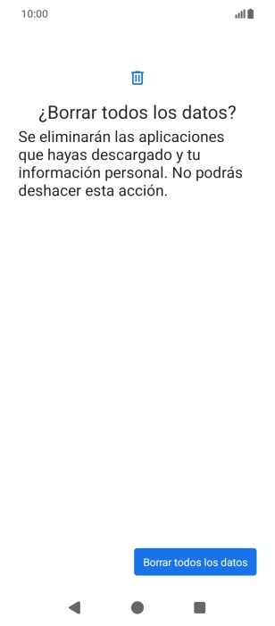 Pulsa Borrar todos los datos. Espera unos instantes mientras el teléfono restablece la configuración predeterminada. Sigue las indicaciones de la pantalla para configurar el teléfono y dejarlo listo para su uso.