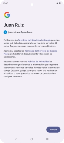 Pulsa Acepto y sigue las indicaciones de la pantalla para seleccionar los ajustes de tu cuenta de Google.