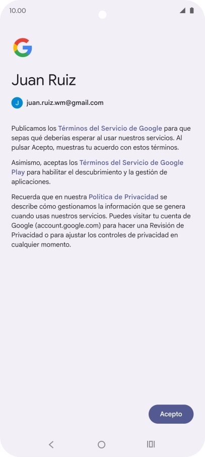 Pulsa Acepto y sigue las indicaciones de la pantalla para seleccionar los ajustes de tu cuenta de Google.